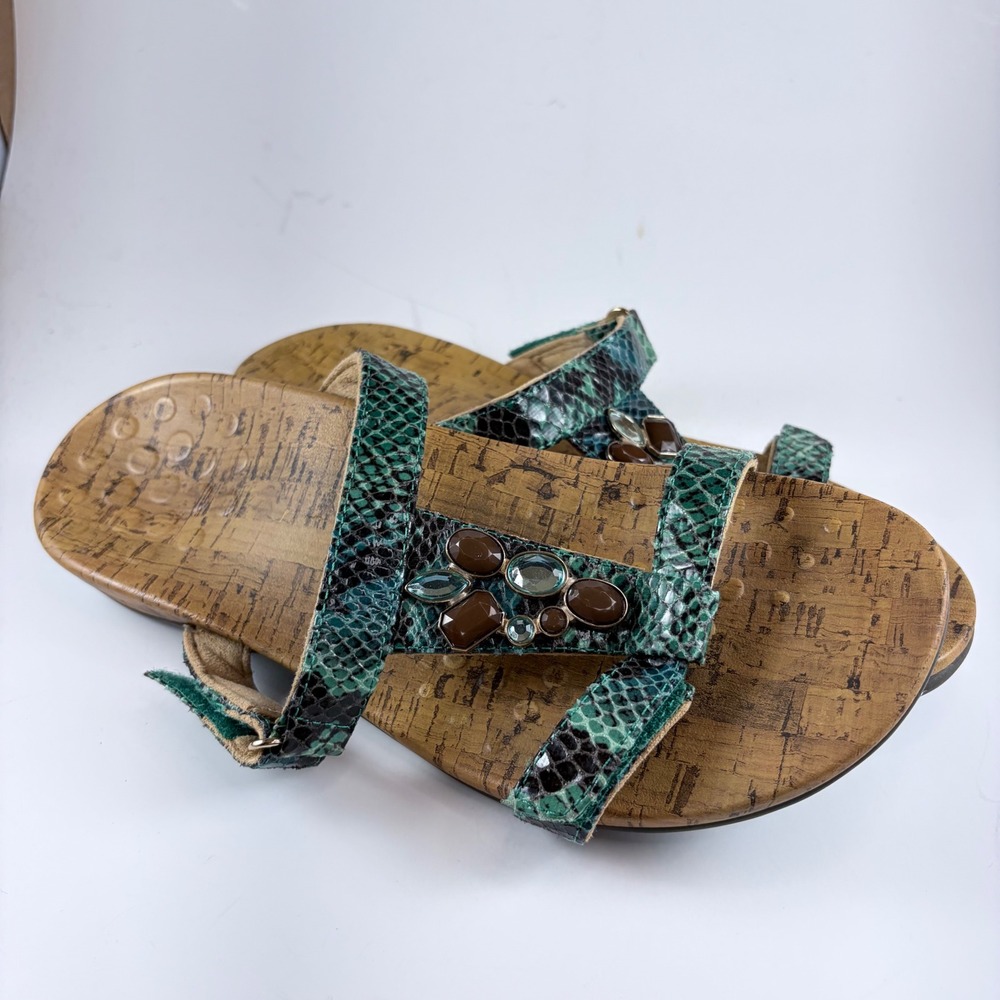 Vionic Orthaheel Viviana Green Snakeskin Jeweled T-Strap Sandals Womens 8